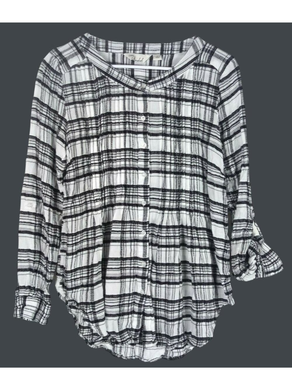 Caffe Marrakesh Pleated Plaid Tunic Shirt Womens M Black White Career Office